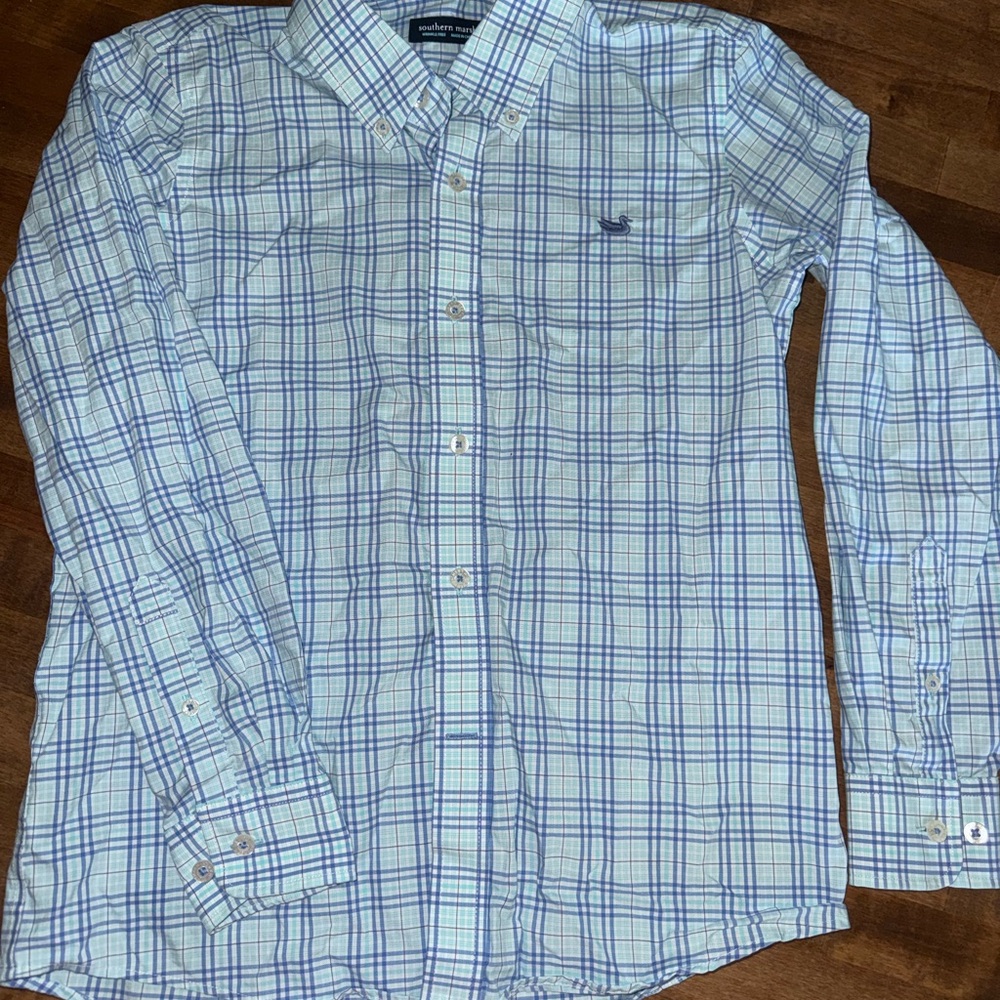 Southern Marsh Kids Blue and White Plaid Button Down Shirt